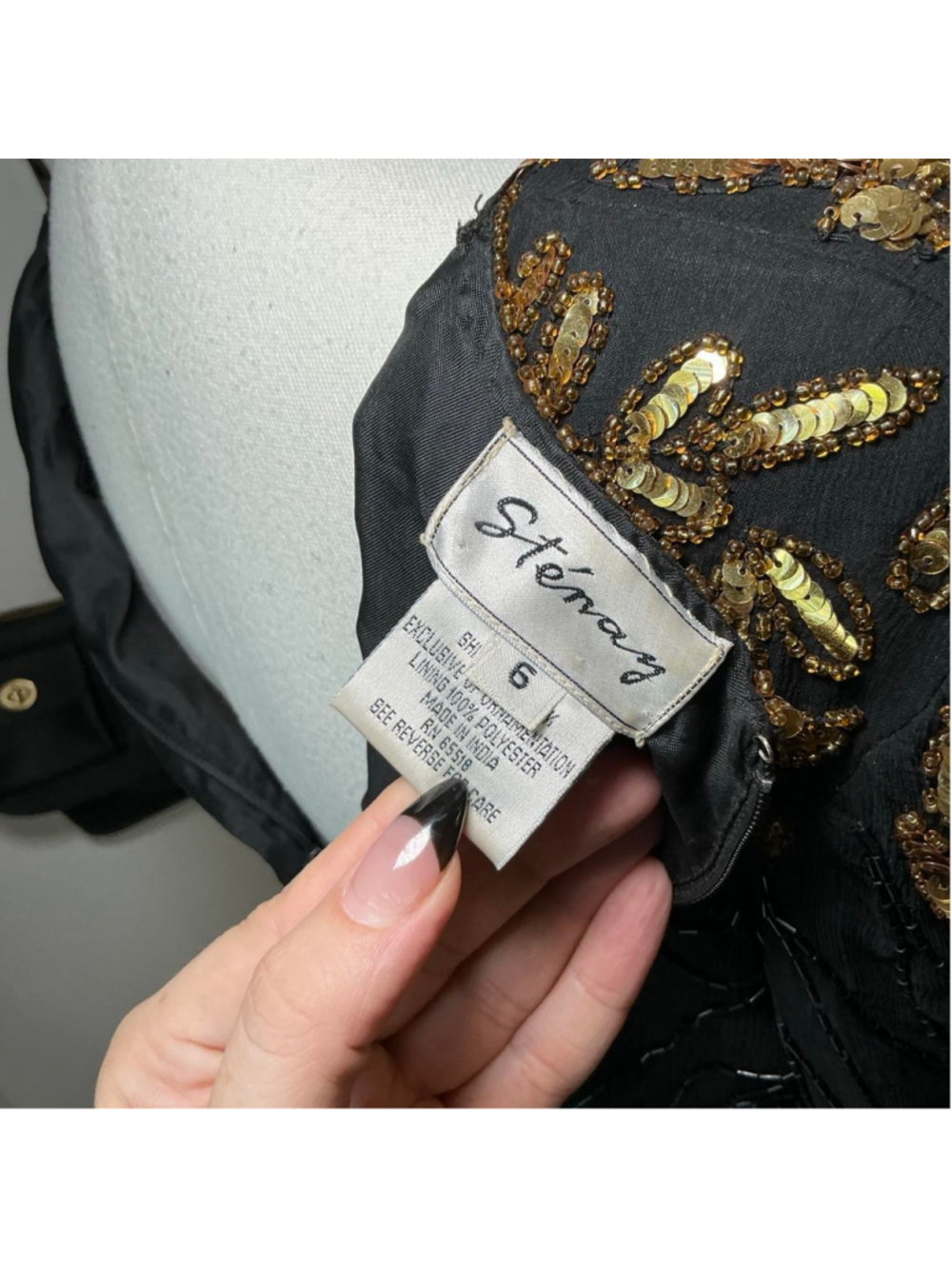 Vintage Sténay Black Gold Sequin Beaded Silk Cocktail Dress Size 6 - Picture 4 of 5